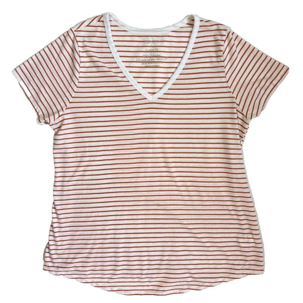 Torrid Girlfriend Tee White Rust Orange Stripe VNeck Short Sleeve Shirt 0 EUC